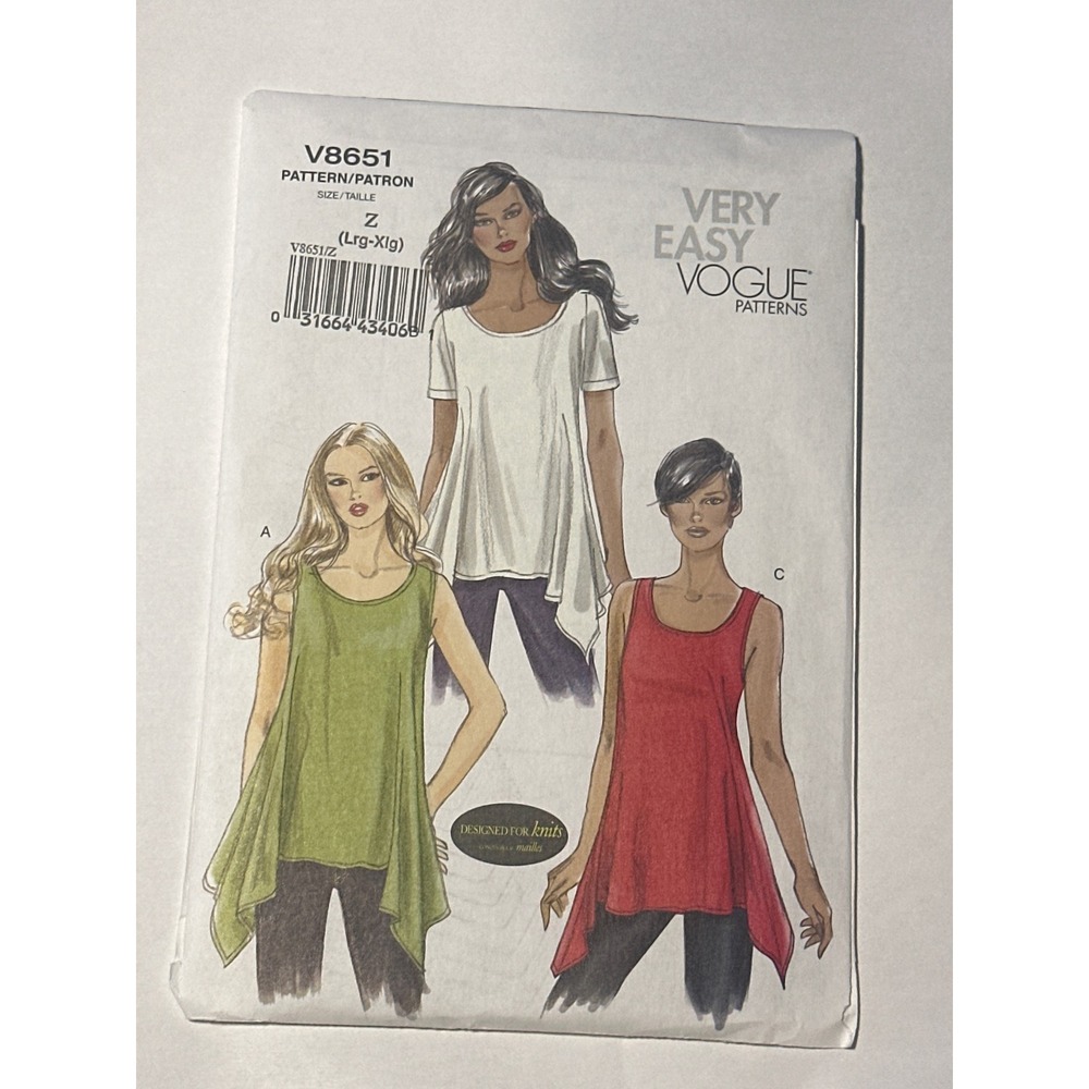 Vogue Sewing Pattern Misses (Lrg-Xlg) 8651 Asymmetric Tunic Uncut Factory Folded